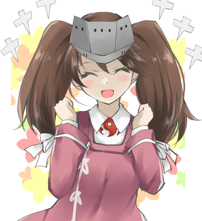 1girl brown_hair clenched_hand collared_shirt commentary_request facing_viewer gakky japanese_clothes kantai_collection kariginu magatama one-hour_drawing_challenge red_shirt ryuujou_(kancolle) shikigami shirt solo twintails visor_cap