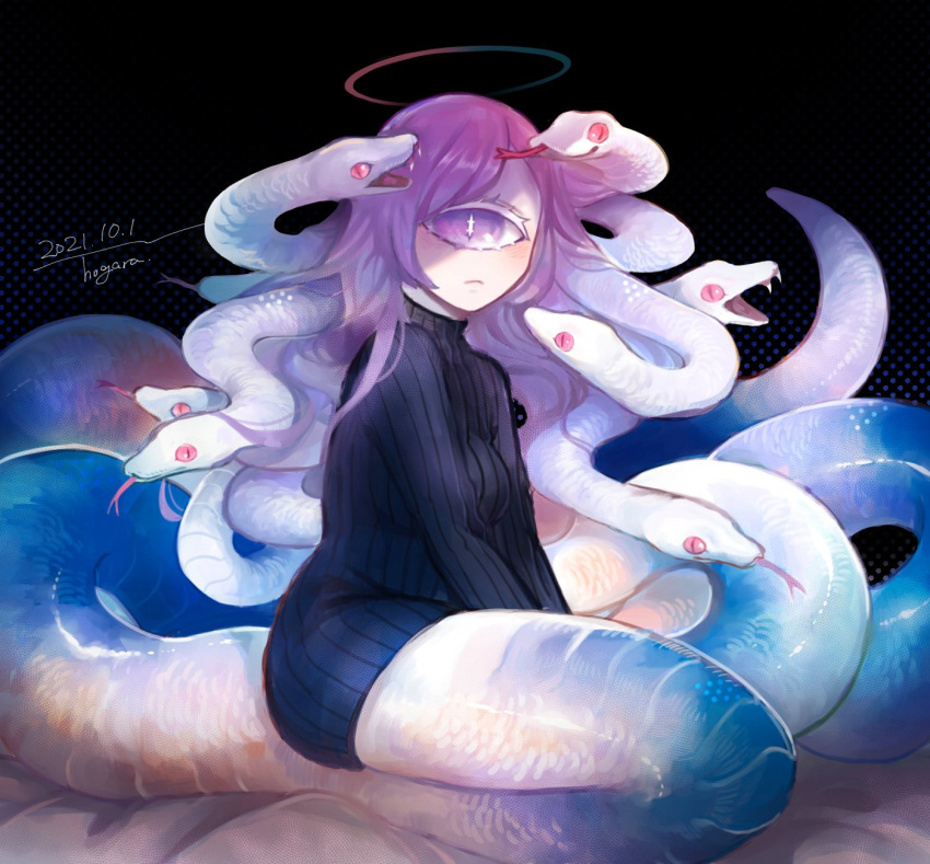 1girl black_background black_sweater cyclops fangs fangs_out forked_tongue halo highres hogara lamia looking_at_viewer monster_girl one-eyed original purple_hair scales signature sitting slit_pupils snake snake_hair snake_tail sweater symbol-shaped_pupils tail tongue violet_eyes