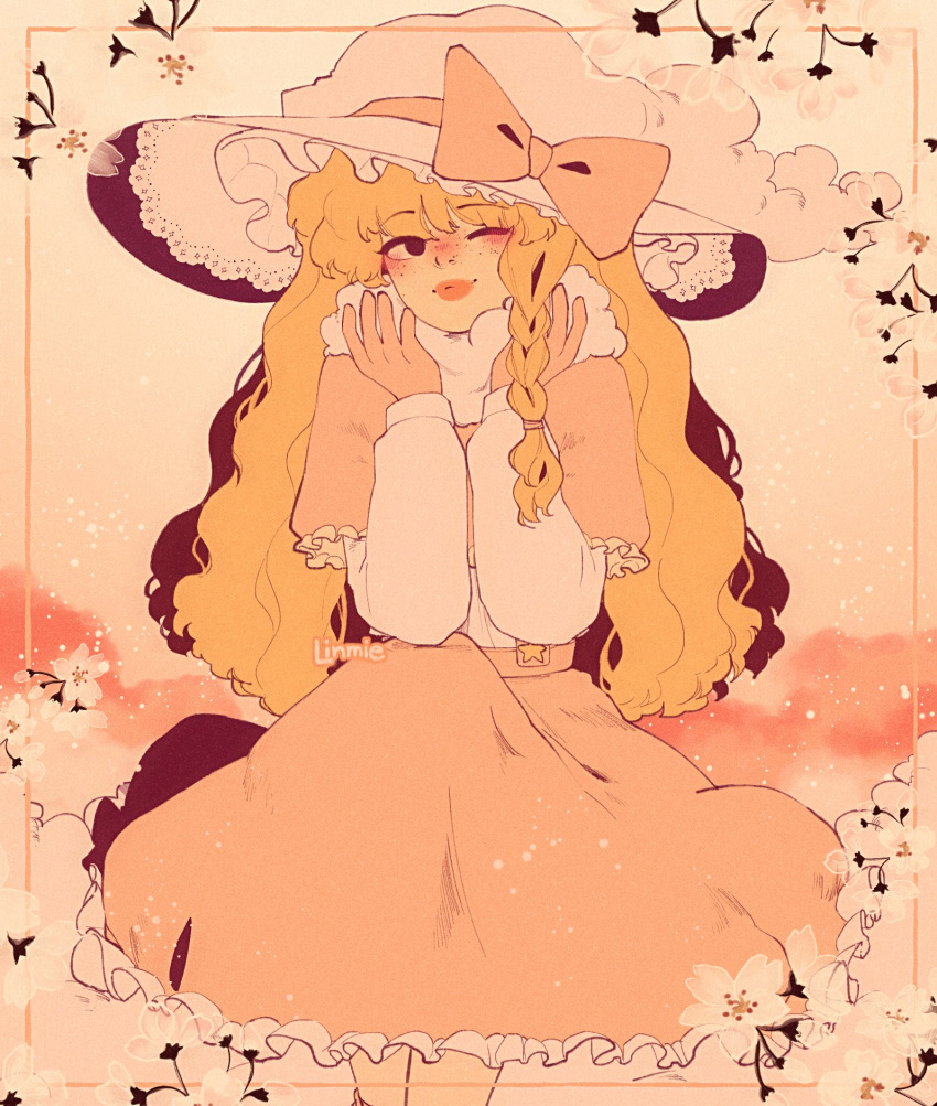 1girl alternate_costume blonde_hair blouse bow braid capelet crossed_legs dress eyebrows flower framed frilled_dress frilled_hat frills hair_bow hat hat_bow highres kirisame_marisa linmiee long_hair long_sleeves pink_bow pink_capelet pink_skirt skirt touhou white_blouse witch_hat