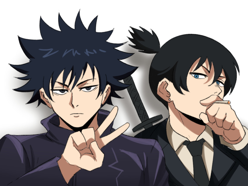 2boys black_eyes black_hair blue_eyes chainsaw_man cigarette crossover expressionless fushiguro_megumi hayakawa_aki_(chainsaw_man) highres jujutsu_kaisen katana looking_at_viewer male_focus multiple_boys simple_background spiky_hair sword sword_behind_back tied_hair tina_fate weapon white_background