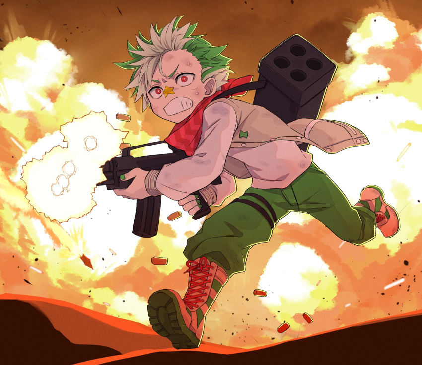 1boy badge beige_jacket boots button_badge clenched_teeth commentary_request cross-laced_footwear daimonji_ryugon explosion facial_mark firing green_footwear green_hair green_nails gun highres holding holding_gun holding_weapon jersey lace-up_boots long_sleeves male_focus multicolored_hair nail_polish red_eyes red_scarf rocket_launcher running scarf shell_casing shirt sleeveless sleeveless_jacket solo star_(symbol) sweat teeth toromera two-tone_hair virtual_youtuber voms weapon weapon_on_back weapon_request white_footwear white_hair white_shirt