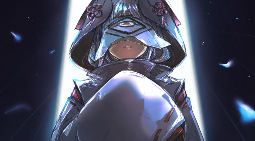 1girl ao-chan_(ninomae_ina'nis) black_background cloak english_commentary from_below grey_hair hololive hololive_english hood hood_up light_particles mask medium_hair parted_lips personification sketch sleeves_past_fingers sleeves_past_wrists solo tallgeese_(lgeesel) white_cloak