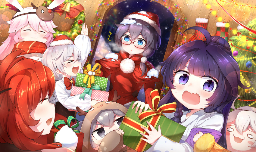 6+girls :d absurdres animal_ears black_hair blue_eyes blush bow bowtie bronya_zaychik christmas christmas_lights christmas_ornaments christmas_present christmas_stocking closed_mouth diaoxian_kuangmo dress fox_ears fu_hua gift glasses grey_eyes grey_hair hat highres holding holding_gift honkai_(series) honkai_impact_3rd index_finger_raised indoors kiana_kaslana long_hair long_sleeves mask multiple_girls murata_himeko onesie open_mouth pink_hair purple_hair raiden_mei red_bow red_bowtie redhead santa_costume santa_hat smile snow snowing theresa_apocalypse violet_eyes white_dress white_hair yae_sakura