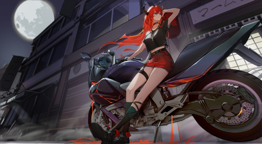 1girl absurdres arknights arm_up black_choker black_footwear black_legwear black_shirt building character_name choker commentary cross cross_necklace full_moon genera-x ground_vehicle highres horns jewelry long_hair midriff miniskirt moon motor_vehicle motorcycle navel necklace night night_sky official_alternate_costume outdoors red_skirt redhead shirt shoes sitting skirt sky solo surtr_(arknights) thigh_strap thighs very_long_hair violet_eyes