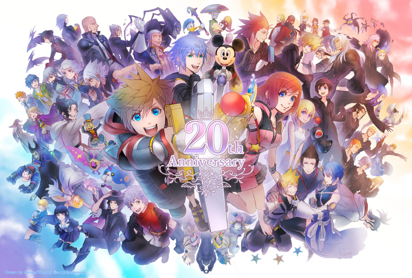 6+boys 6+girls absurdres aced_(kingdom_hearts) anniversary ansem_seeker_of_darkness ansem_the_wise aqua_(kingdom_hearts) ava_(kingdom_hearts) axel_(kingdom_hearts) banana_gyuunyuu black_coat_(kingdom_hearts) bragi_(kingdom_hearts) brain_(kingdom_hearts) chirithy demyx diz donald_duck dream_eater elrena ephemer_(kingdom_hearts) eraqus everyone goofy gula_(kingdom_hearts) hayner heartless hermod_(kingdom_hearts) highres invi_(kingdom_hearts) ira_(kingdom_hearts) kairi_(kingdom_hearts) keyblade kingdom_hearts kingdom_hearts_358/2_days kingdom_hearts_3d_dream_drop_distance kingdom_hearts_birth_by_sleep kingdom_hearts_chain_of_memories kingdom_hearts_dark_road kingdom_hearts_i kingdom_hearts_ii kingdom_hearts_iii kingdom_hearts_x kingdom_hearts_x_back_cover larxene lauriam lexaeus looking_at_viewer luxord luxu_(kingdom_hearts) maleficent marluxia mask master_of_masters master_xehanort mickey_mouse multiple_boys multiple_girls namine olette organization_xiii pence pete_(disney) riku_(kingdom_hearts) riku_replica roxas saix skuld_(kingdom_hearts) smile sora_(kingdom_hearts) spiky_hair strelitzia_(kingdom_hearts) terra_(kingdom_hearts) urd_(kingdom_hearts) vanitas ventus_(kingdom_hearts) vexen vor_(kingdom_hearts) xaldin xehanort xemnas xigbar xion_(kingdom_hearts) zexion