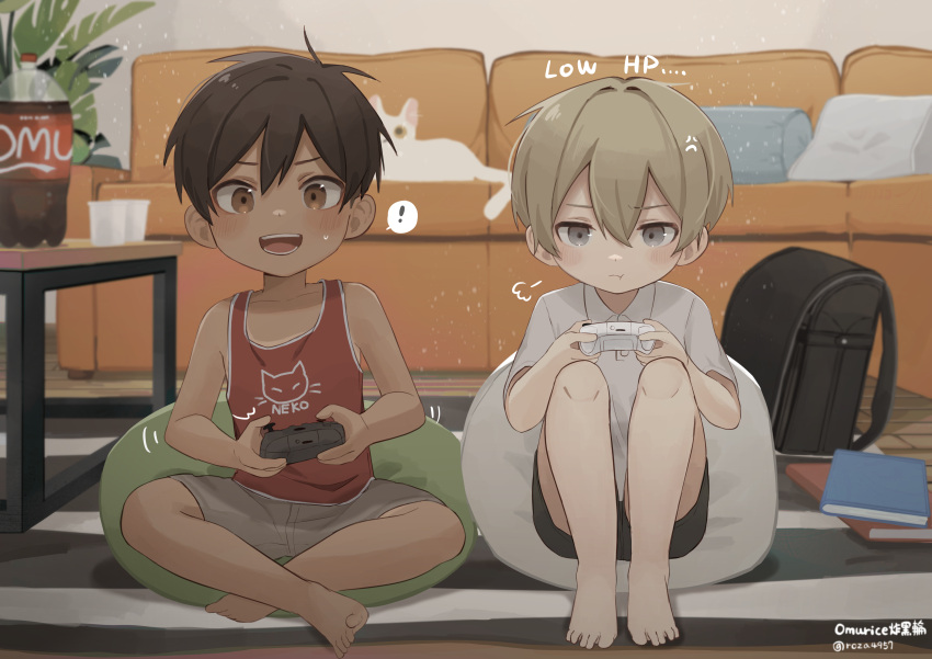 2boys absurdres bag bangs bare_legs bare_shoulders barefoot black_hair blonde_hair book cat child commentary_request controller couch cup dark-skinned_male dark_skin disposable_cup english_text eyebrows_visible_through_hair futon game_controller highres holding holding_controller holding_game_controller indoors looking_at_viewer male_focus multiple_boys notebook omurice_(roza4957) open_mouth orange_tank_top original pillow red_shirt rug school_bag shirt short_hair short_sleeves soda_bottle table tank_top tanned_skin teeth