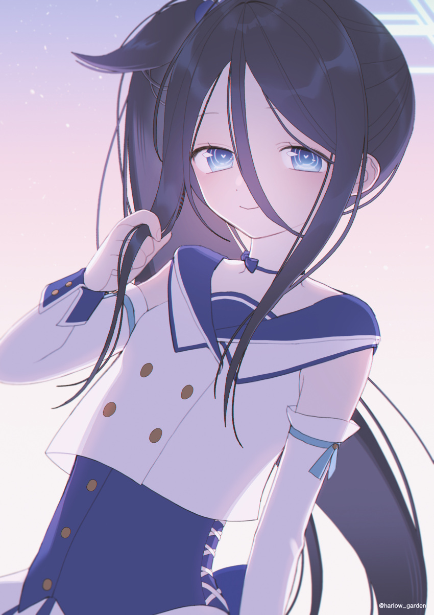 1girl absurdres alternate_hairstyle arisu_(blue_archive) black_hair blue_archive blue_choker blue_eyes blue_sailor_collar choker elbow_sleeve gradient gradient_background halo hand_up harlow_garden heart heart-shaped_pupils highres idol light_blush light_particles long_hair looking_at_viewer official_alternate_costume sailor_collar side_ponytail sleeveless smile solo symbol-shaped_pupils twitter_username upper_body very_long_hair