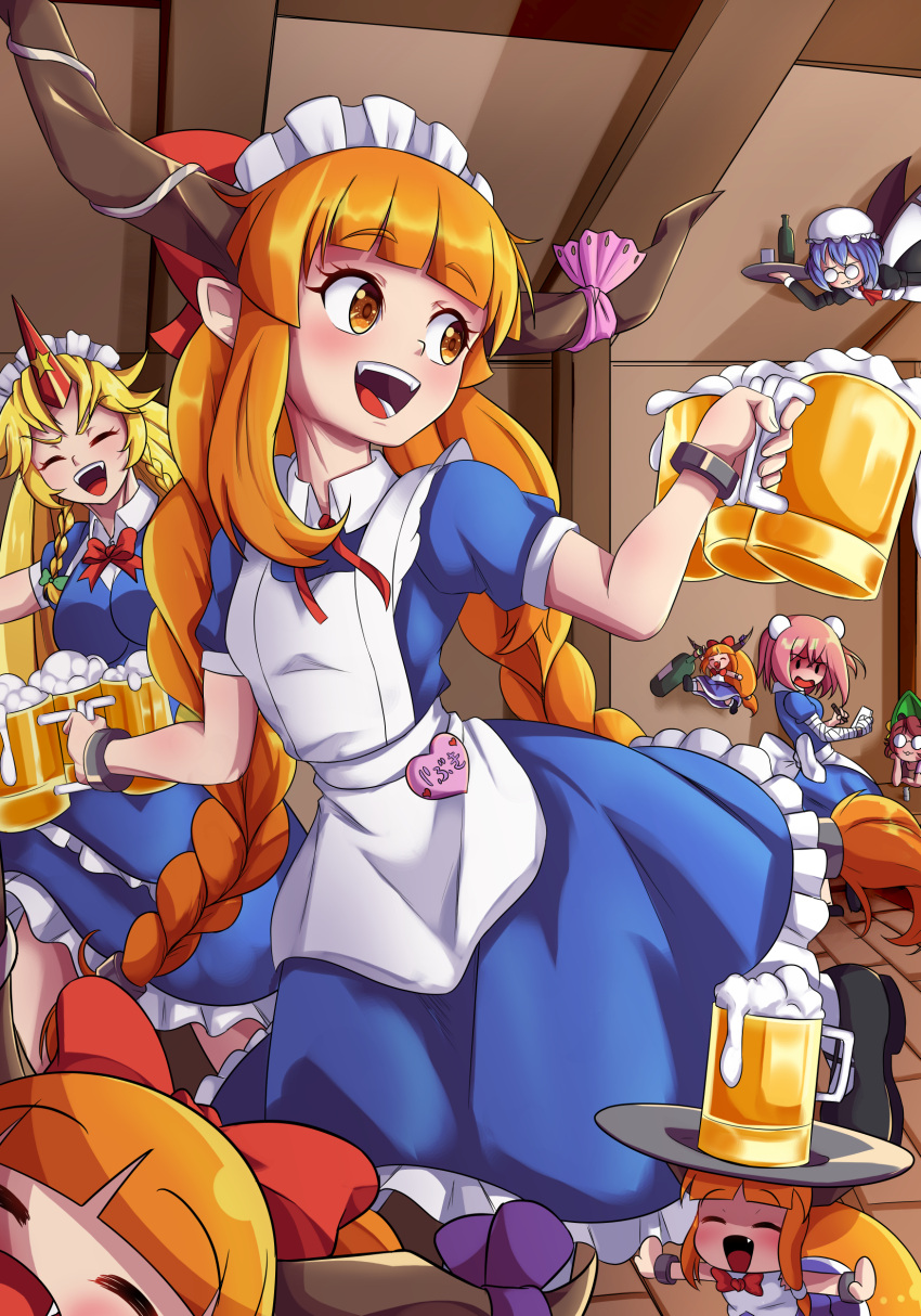 6+girls absurdres alcohol alternate_costume alternate_hairstyle apron beer beer_mug blue_dress bmkro bow braid cup dress fangs futatsuiwa_mamizou glasses hair_bow highres horn_ornament horn_ribbon horns hoshiguma_yuugi ibaraki_kasen ibuki_suika long_braid maid minigirl mug multiple_girls orange_hair remilia_scarlet ribbon single_horn smile touhou touhou_lost_word twin_braids