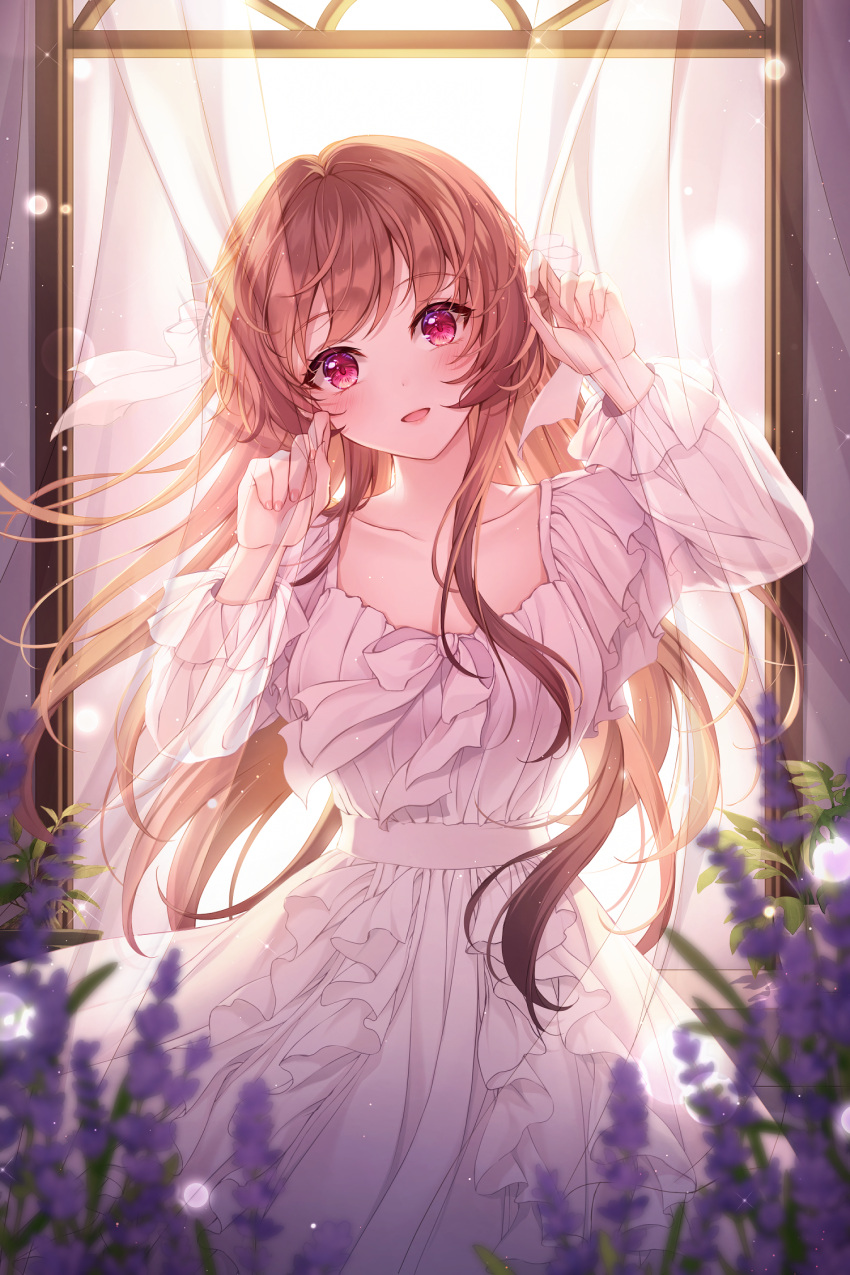 1girl breasts collarbone door dress flower frilled_dress frilled_skirt frilled_sleeves frills hands_up highres iyar lavender_(flower) open_mouth original purple_flower skirt smile white_dress white_skirt