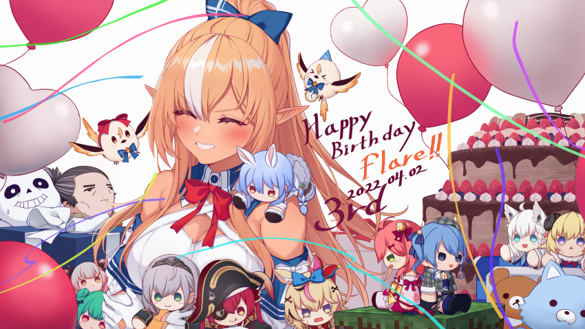 1girl absurdres balloon bangs bare_shoulders bird blonde_hair blue_bow blush bow bowtie breasts character_doll closed_eyes copyright_request dated doll_hug dress elfriend_(shiranui_flare) eyebrows_visible_through_hair gloves grin hair_bow happy_birthday heart_balloon highres hololive hoshimachi_suisei houshou_marine large_breasts long_hair multicolored_hair object_hug omaru_polka ponytail red_bow red_bowtie ribbon sakura_miko sans shirakami_fubuki shiranui_flare shirogane_noel smile streaked_hair tang-du tsunomaki_watame undertale uruha_rushia usada_pekora white_dress white_gloves white_hair