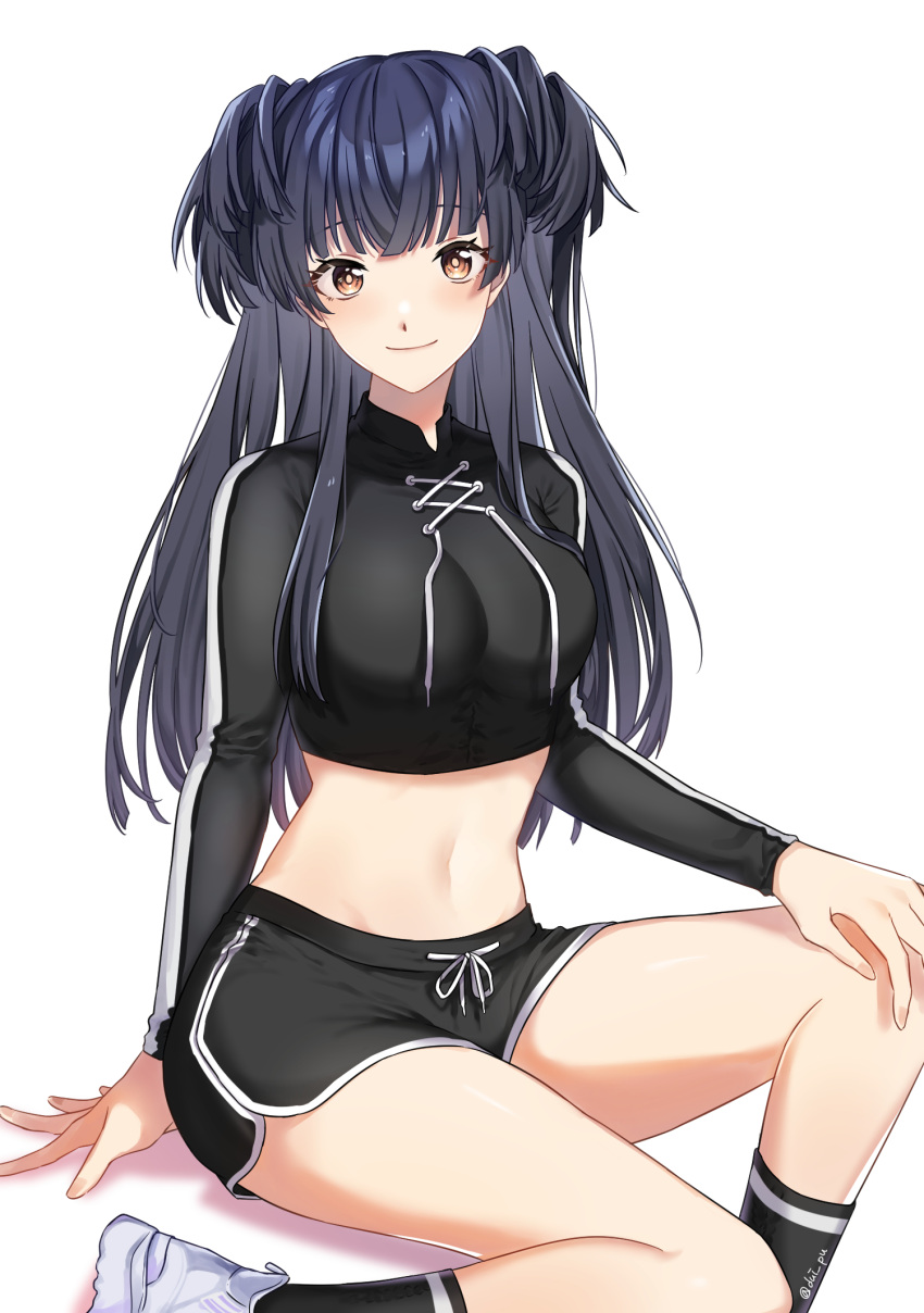 1girl alternate_costume arm_support bangs black_hair black_shirt black_shorts blunt_bangs blunt_ends blush breasts crop_top dolphin_shorts highres idolmaster idolmaster_shiny_colors knee_up kneehighs looking_at_viewer mayuzumi_fuyuko medium_breasts navel shirt shorts simple_background sitting smile solo sunyack two_side_up white_background