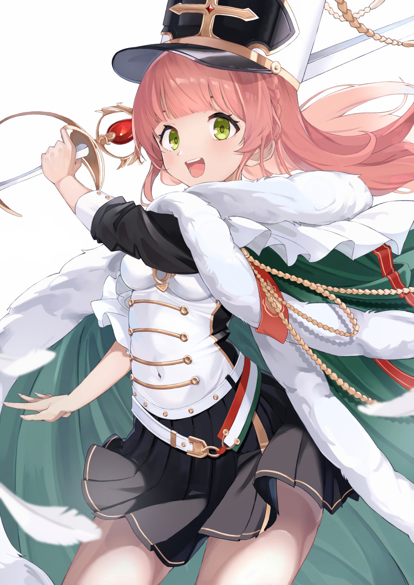1girl absurdres azur_lane bangs black_skirt blunt_bangs buttons cloak commentary covered_navel double-breasted fur-trimmed_cloak fur_trim green_cloak green_eyes hat highres holding holding_sword holding_weapon looking_at_viewer medium_hair open_mouth pink_hair pleated_skirt pompeo_magno_(azur_lane) rapier shako_cap skirt smile soar_sora222 solo standing sword teeth upper_teeth weapon