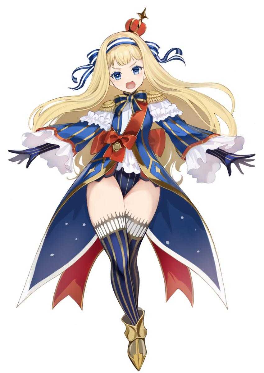 1girl ankle_boots blonde_hair blue_coat blue_eyes blue_legwear blue_leotard boots bow bowtie coat crossed_legs crown dai00888 elbow_gloves epaulettes frilled_sleeves frills full_body gloves hairband highres leotard long_hair long_sleeves looking_at_viewer mini_crown open_mouth original sash simple_background solo standing striped striped_legwear striped_leotard thigh-highs watson_cross white_background wide_sleeves yellow_footwear
