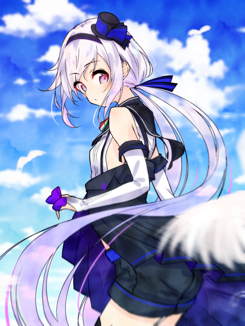 .live 1girl armpits breasts carro_pino clouds cloudy_sky detached_sleeves feathers highres long_hair low_twintails purple_hair rascala39 shorts sky sleeveless small_breasts solo twintails violet_eyes virtual_youtuber