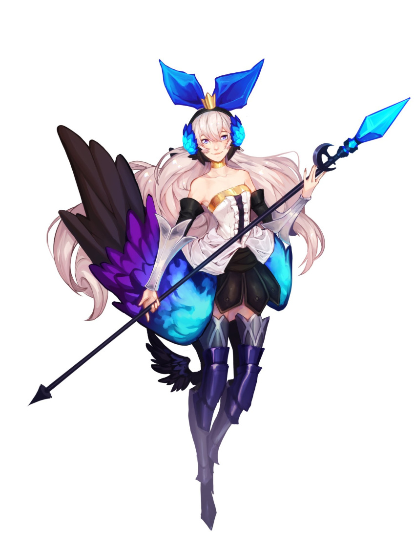 1girl ankle_wings armor armored_boots armored_dress bare_shoulders big_hair blue_bow blue_eyes boots borrowed_character bow camille_myriad_zentreza cosplay crown detached_sleeves english_commentary faulds flat_chest full_body gift_art gold_choker greaves gwendolyn_(odin_sphere) gwendolyn_(odin_sphere)_(cosplay) hair_bow highres holding holding_polearm holding_weapon large_bow lokii long_hair looking_at_viewer low_wings mini_crown odin_sphere original polearm silver_hair solo spear thigh-highs thigh_boots very_long_hair weapon white_background wings