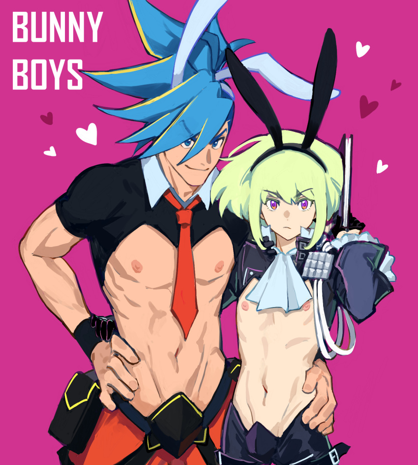 2boys androgynous animal_ears arm_around_back arm_around_waist black_gloves book codpiece english_text eyebrows_visible_through_hair galo_thymos gloves green_hair hanezo heart highres holding holding_book lio_fotia male_focus male_playboy_bunny mohawk multiple_boys necktie nipples pink_background promare rabbit_ears red_necktie short_hair sidelocks simple_background smile toned toned_male violet_eyes
