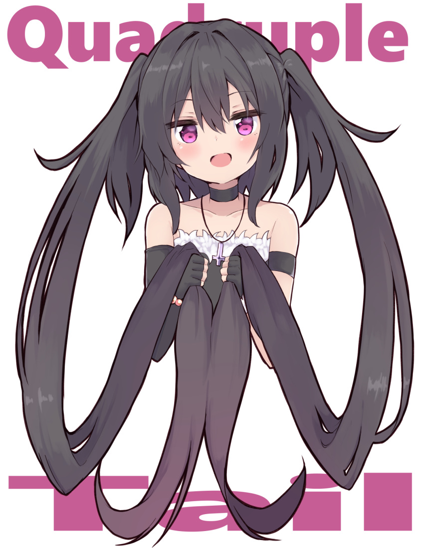 1girl :d absurdly_long_hair amano_kouki asymmetrical_gloves background_text bangs bare_shoulders black_choker black_dress black_gloves black_hair choker collarbone commentary_request cropped_torso cross cross_necklace dress elbow_gloves eyebrows_visible_through_hair fingerless_gloves fur-trimmed_dress fur-trimmed_gloves fur_trim gloves hair_between_eyes head_tilt highres jewelry long_hair looking_at_viewer necklace note-chan original simple_background single_elbow_glove smile solo strapless strapless_dress twintails upper_body very_long_hair violet_eyes white_background