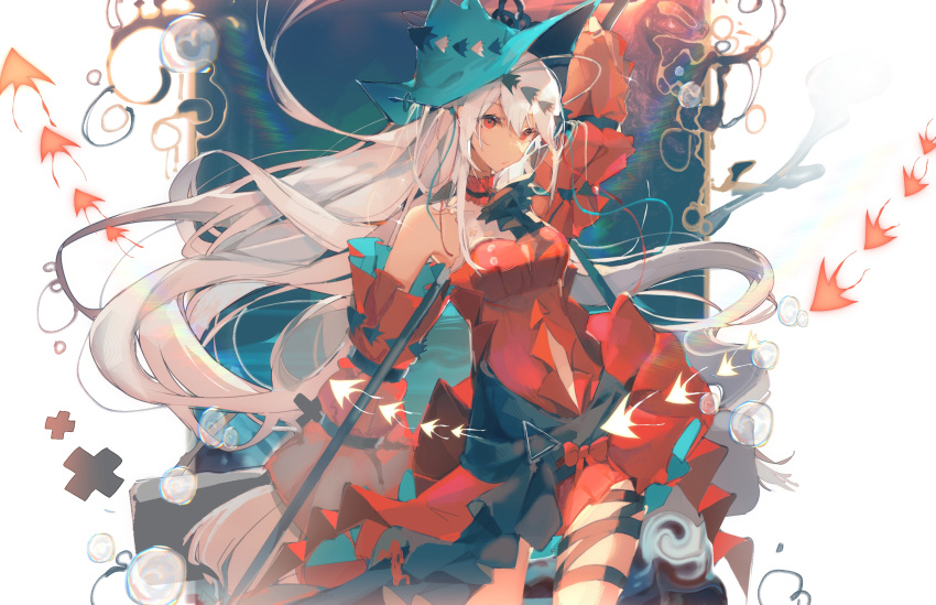 1girl aqua_headwear arknights bangs bare_shoulders black_sash breasts clothing_cutout cowboy_shot detached_sleeves dress highres long_hair long_sleeves navel_cutout painting red_dress red_eyes sash short_dress silver_hair skadi_(arknights) skadi_the_corrupting_heart_(arknights) small_breasts solo staff taoer. thighs very_long_hair wide_sleeves