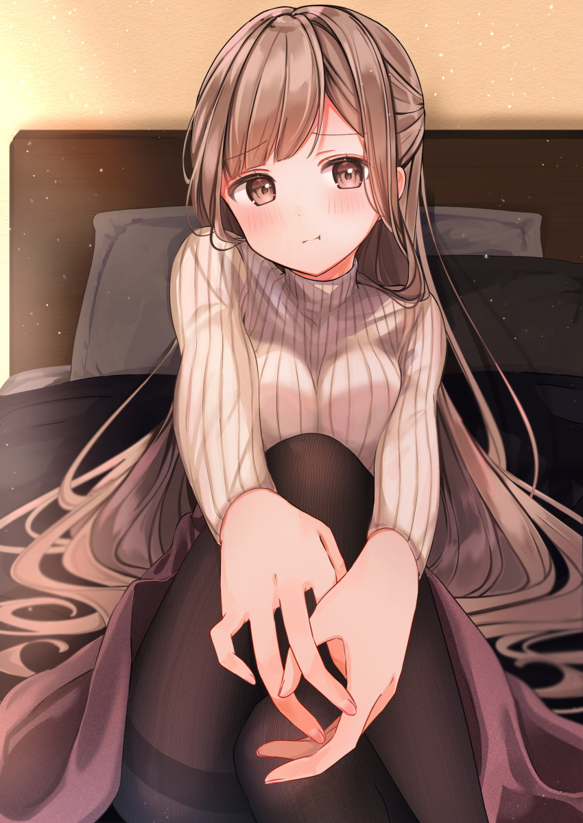 1girl absurdres bangs bed black_legwear blush breasts brown_eyes brown_hair brown_sweater buntason_(buritarooooo) closed_mouth crossed_legs eyebrows_visible_through_hair highres indoors long_hair long_sleeves looking_at_viewer medium_breasts on_bed original own_hands_together pantyhose pout ribbed_sweater sitting solo sweater thighband_pantyhose turtleneck turtleneck_sweater very_long_hair