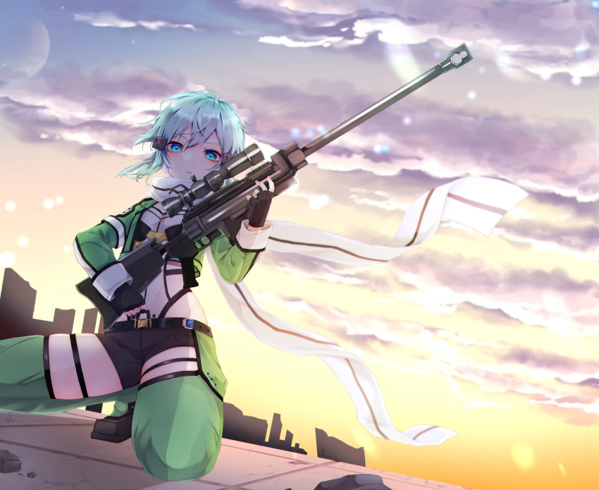 1girl absurdres bangs black_gloves black_shorts blue_eyes blue_hair clouds fingerless_gloves gloves green_jacket green_legwear gun hair_between_eyes hair_ornament hairclip highres holding holding_gun holding_weapon jacket leotard long_sleeves looking_at_viewer one_knee open_clothes open_jacket outdoors pgm_hecate_ii rifle shiny shiny_hair short_hair short_shorts shorts sinon sniper_rifle solo sword_art_online tapiko_01 thigh_strap weapon white_leotard