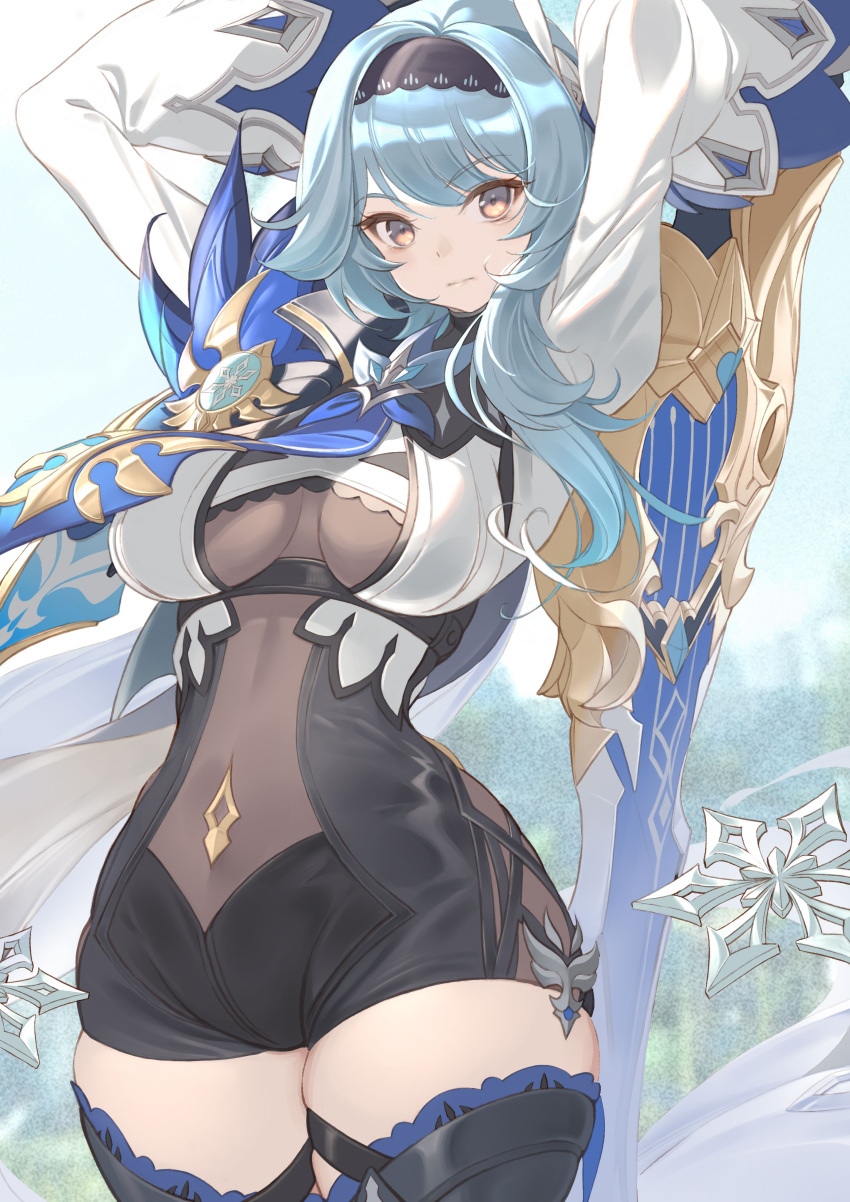 1girl absurdres arms_up blue_necktie breasts center_opening cowboy_shot eula_(genshin_impact) fish_bread genshin_impact hairband highres holding holding_sword holding_weapon large_breasts leotard looking_at_viewer necktie solo sword thigh-highs thighs weapon wide_sleeves yellow_eyes