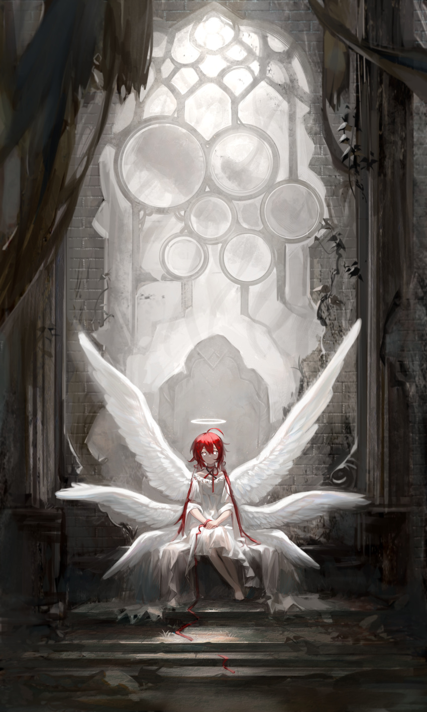 1girl absurdres ahoge angel bangs bare_legs barefoot choker collarbone commentary dark dress eyebrows_behind_hair feathered_wings hair_between_eyes halo hands_on_lap haokoooo highres long_dress long_hair looking_at_viewer multiple_wings original own_hands_together pillar red_choker redhead sitting solo stairs throne twintails white_dress white_eyes white_wings window wings