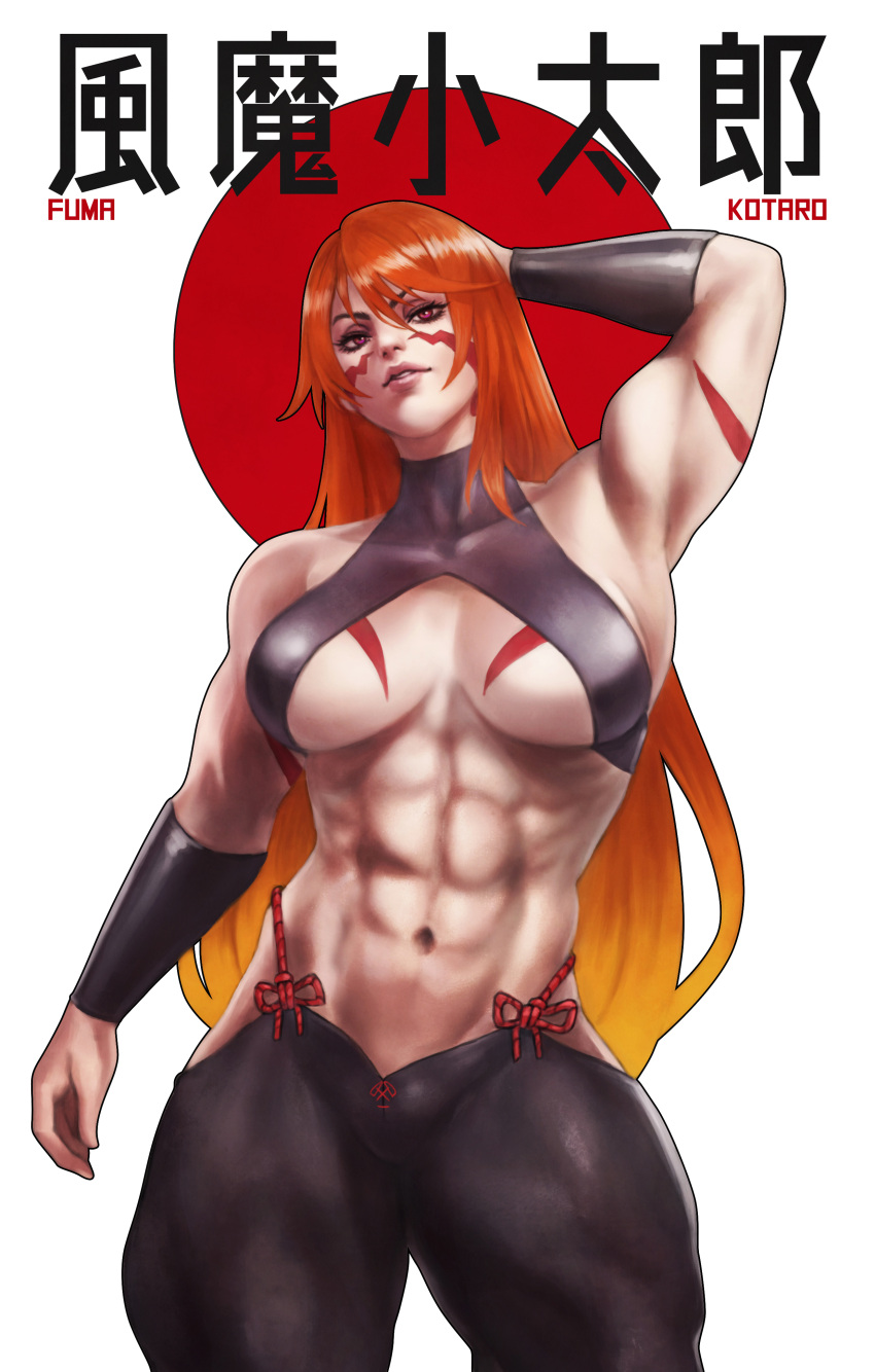 1girl abs absurdres arm_up bangs bare_arms bare_shoulders biceps black_pants body_markings breasts collarbone commentary facepaint fuuma_kotarou_(tenkaichi) gradient_hair halter_top halterneck highres large_breasts long_hair looking_at_viewer monori_rogue multicolored_hair muscular muscular_female navel orange_hair pants red_eyes redhead smile solo tenkaichi_nihon_saikyou_bugeisha_ketteisen thick_thighs thighs toned under_boob wristband