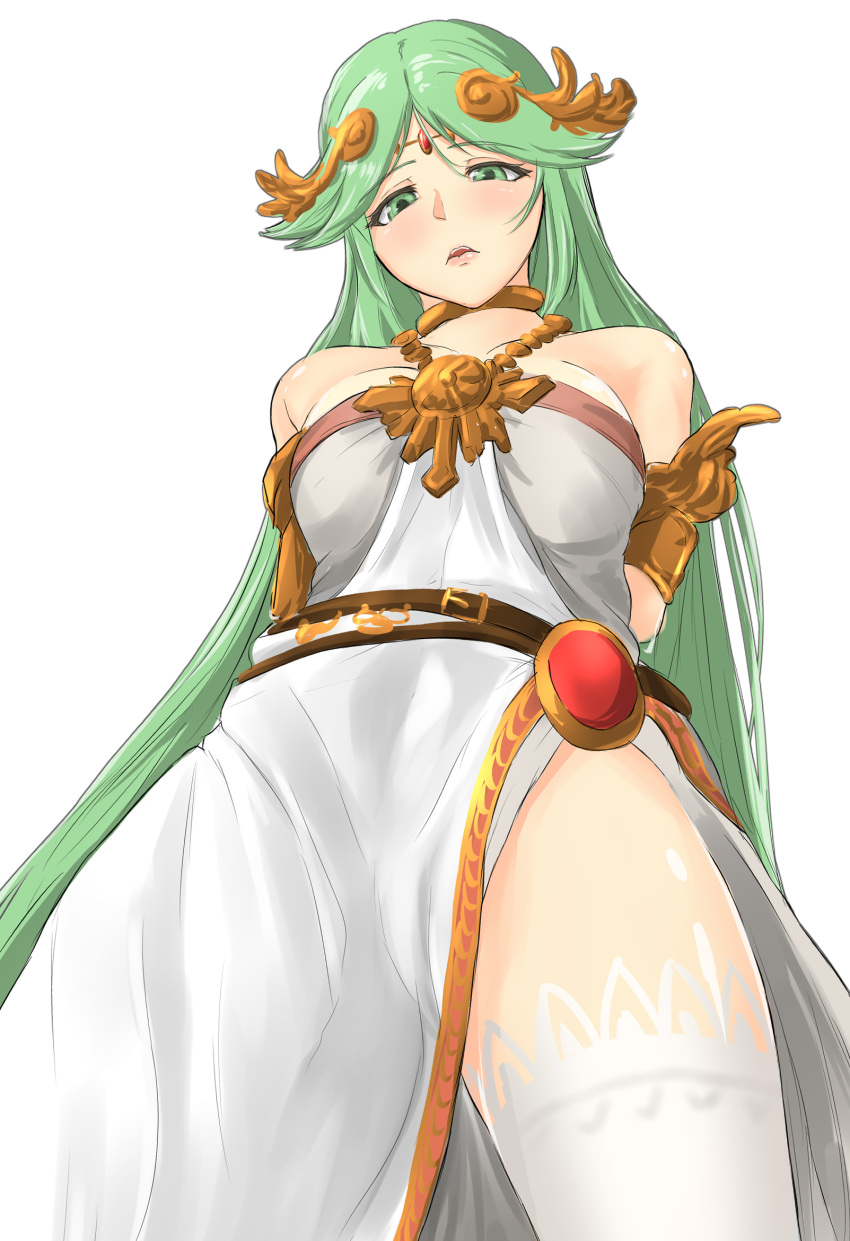 1girl armlet bangs bare_shoulders breasts dress goddess gold green_hair highres impossible_clothes jewelry kid_icarus kid_icarus_uprising large_breasts long_hair neck_ring necklace palutena parted_bangs pendant side_slit single_thighhigh solo strapless strapless_dress thigh-highs underbust vambraces very_long_hair white_dress zib_(boriku)