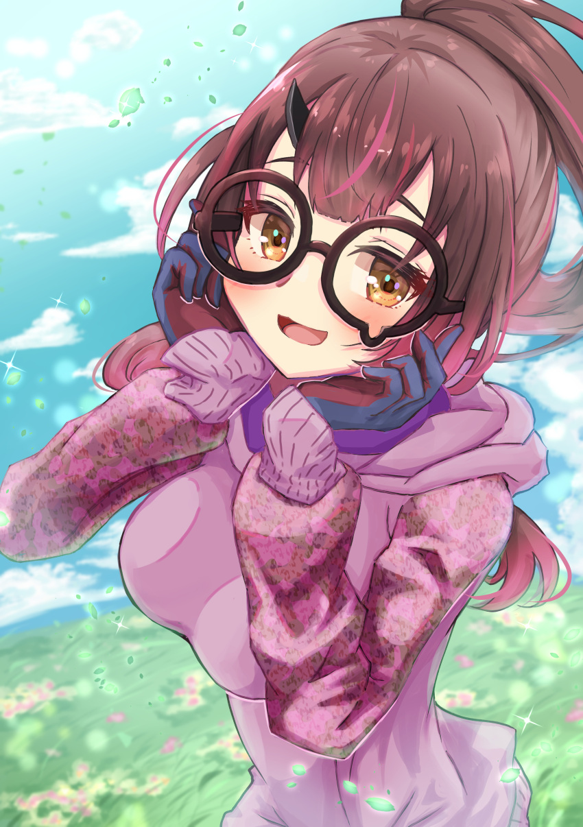 1girl absurdres android bangs blush breasts brown_hair clouds glasses gloves hair_between_eyes hand_on_own_cheek hand_on_own_face highres hololive hood hoodie leaf long_hair looking_at_viewer meadow mechanical_arms mechanical_legs medium_breasts mihaeru multicolored_hair open_mouth pink_shirt ponytail roboco-san shirt sky smile solo upper_body virtual_youtuber yellow_eyes