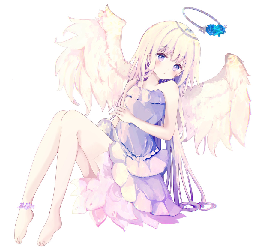 1girl :o bangs bare_arms bare_shoulders barefoot blonde_hair blue_flower blue_rose blush commentary dress eyebrows_visible_through_hair feathered_wings flower full_body halo highres knees_up long_hair looking_at_viewer original parted_lips purple_dress rose simple_background sitting solo symbol-only_commentary tsukiyo_(skymint) very_long_hair violet_eyes white_background white_wings wings