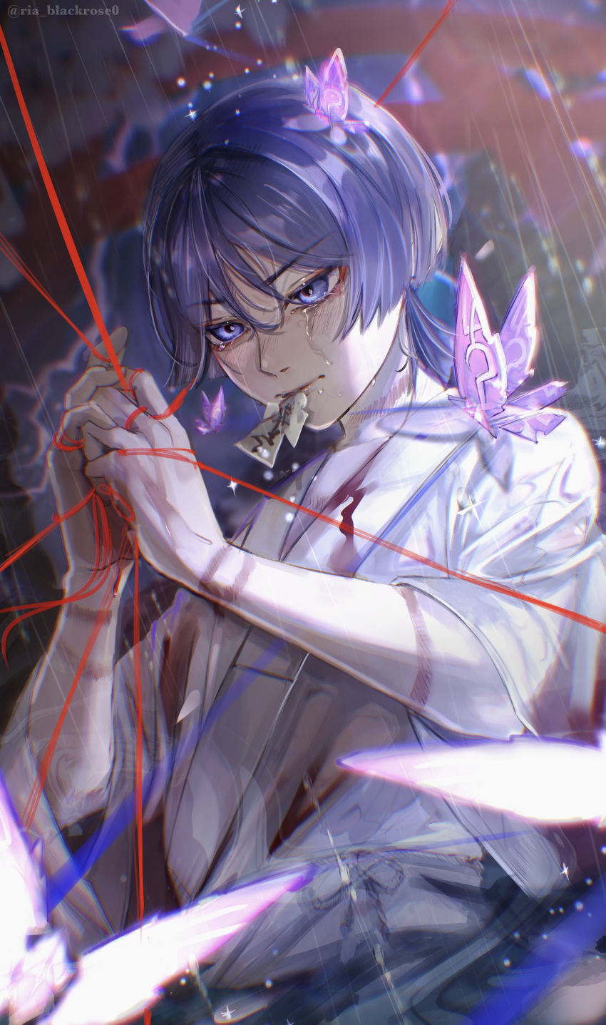 1boy absurdres artist_name between_fingers blood blood_on_clothes blue_eyes blue_hair blurry blush bug butterfly butterfly_on_head butterfly_on_shoulder crying crying_with_eyes_open depth_of_field genshin_impact glowing_butterfly hair_between_eyes hands_up highres japanese_clothes kimono light_particles looking_afar looking_down male_focus mouth_hold night outdoors own_hands_together purple_butterfly rain ria_blackrose0 rope_marks scaramouche_(genshin_impact) short_hair solo string talisman tears torii upper_body violet_eyes wet wide_sleeves