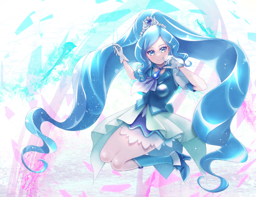 1girl blue_background blue_eyes blue_footwear blue_hair blue_skirt blue_vest boots breasts cure_fontaine genoblaster gloves hair_ornament healin'_good_precure heart heart_hair_ornament high_heel_boots high_heels highres jewelry jumping long_hair looking_at_viewer magical_girl necklace pink_background precure puffy_short_sleeves puffy_sleeves sawaizumi_chiyu shirt short_sleeves skirt small_breasts split_ponytail tiara very_long_hair vest white_background white_gloves white_shirt