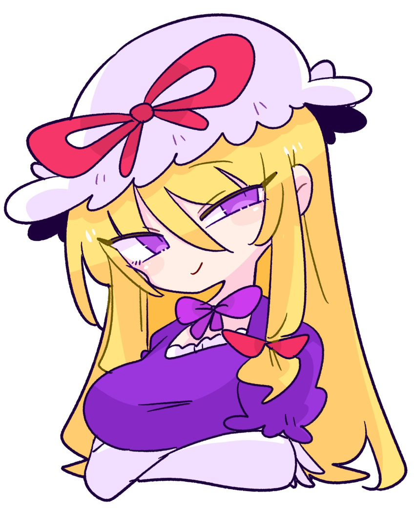 1girl blonde_hair dress elbow_gloves frilled_dress frills gloves highres long_hair op_na_yarou puffy_short_sleeves puffy_sleeves purple_dress red_ribbon ribbon short_sleeves simple_background sleeve_ribbon smug solo touhou violet_eyes white_background yakumo_yukari