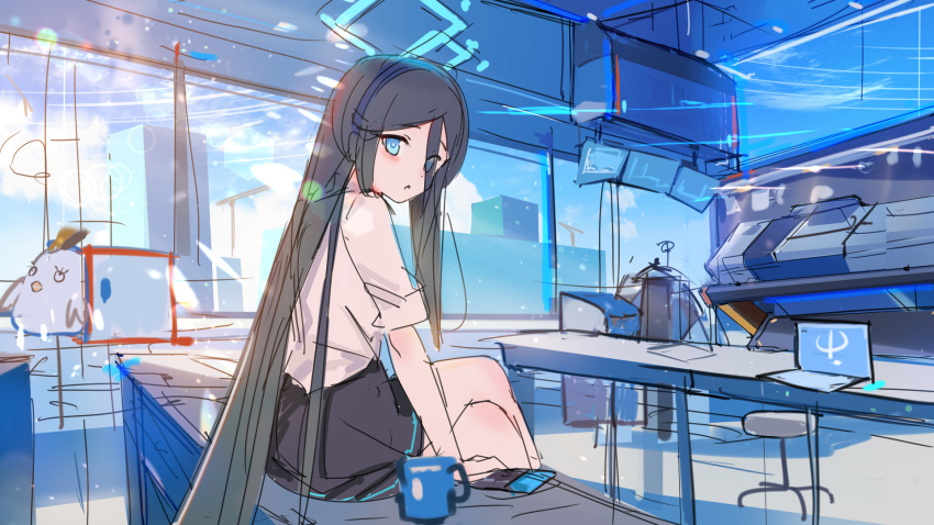 1girl :o arisu_(blue_archive) bangs black_hair black_skirt blue_archive blue_eyes blue_hairband blue_sky cellphone clouds commentary crossed_legs cup day english_commentary eyebrows_visible_through_hair eyes_visible_through_hair from_side hair_over_one_eye hairband halo highres indoors janyhero long_hair looking_at_viewer looking_to_the_side mug parted_lips peroro_(blue_archive) phone shirt short_sleeves sitting sketch skirt sky solo table unfinished very_long_hair white_shirt window