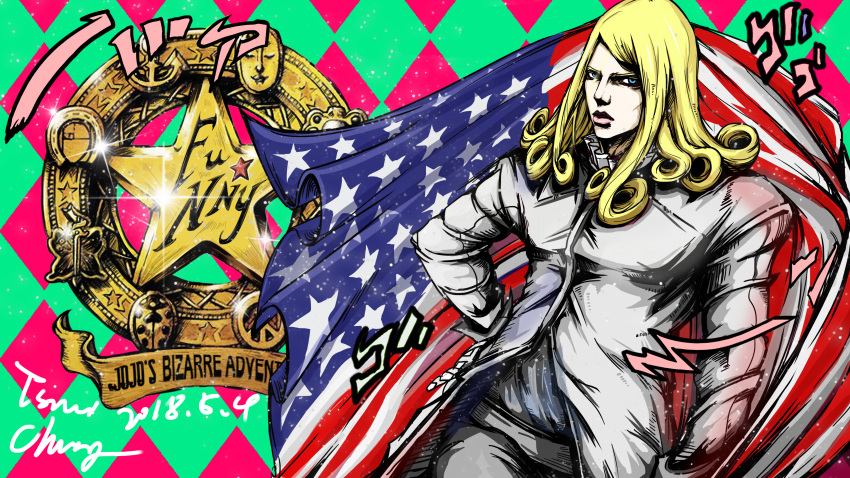 1boy absurdres american_flag blonde_hair checkered_background coat funny_valentine highres jojo_no_kimyou_na_bouken looking_at_viewer pumpkinman shirt solo solo_focus steel_ball_run white_coat white_shirt