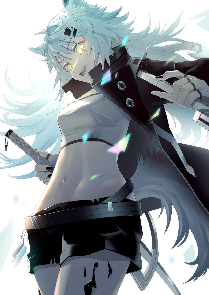 1girl :d absurdres animal_ear_fluff animal_ears arknights bangs belt black_coat black_nails black_shorts breasts coat dual_wielding fingerless_gloves from_below gloves glowing glowing_eyes highres holding holding_sword holding_weapon lappland_(arknights) long_hair long_sleeves looking_at_viewer looking_down medium_breasts messy_hair nail_polish navel oil-paper_umbrella open_clothes open_coat open_mouth short_shorts shorts silver_hair simple_background smile solo stomach strapless sword tube_top umbrella very_long_hair weapon white_background white_gloves wolf_ears yellow_eyes yuu_(yuu_yu)