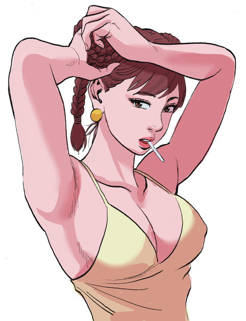 1girl adjusting_hair armpits arms_up braid braided_bun braiding_hair breasts brown_eyes brown_hair chun-li double_bun earrings hairdressing highres imajun jewelry large_breasts looking_at_viewer mouth_hold open_mouth simple_background solo street_fighter white_background