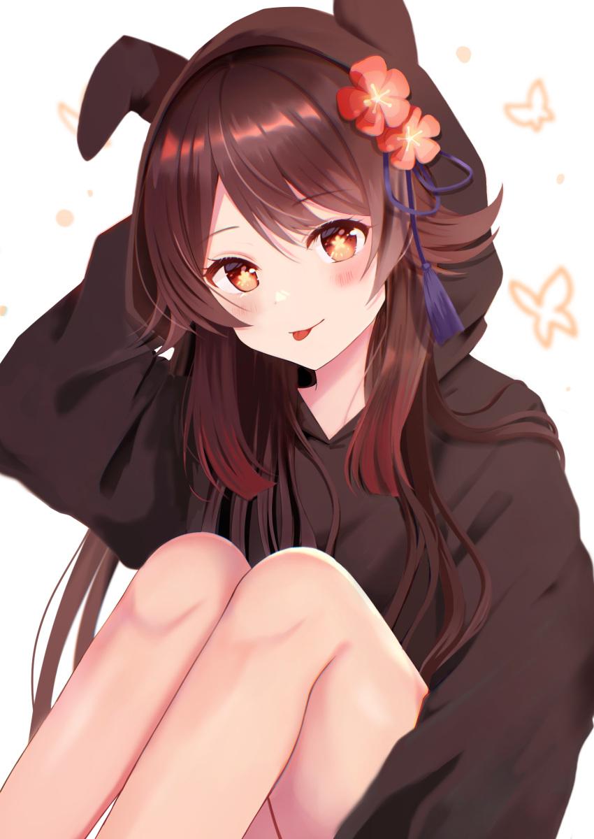 1girl :p alternate_costume alternate_hairstyle arm_behind_head bare_legs brown_hair brown_hoodie bug butterfly eyebrows_visible_through_hair flower genshin_impact hair_flower hair_ornament highres hood hood_up hoodie hu_tao_(genshin_impact) knees_up long_hair looking_at_viewer nasii red_eyes sitting solo symbol-shaped_pupils tongue tongue_out white_background