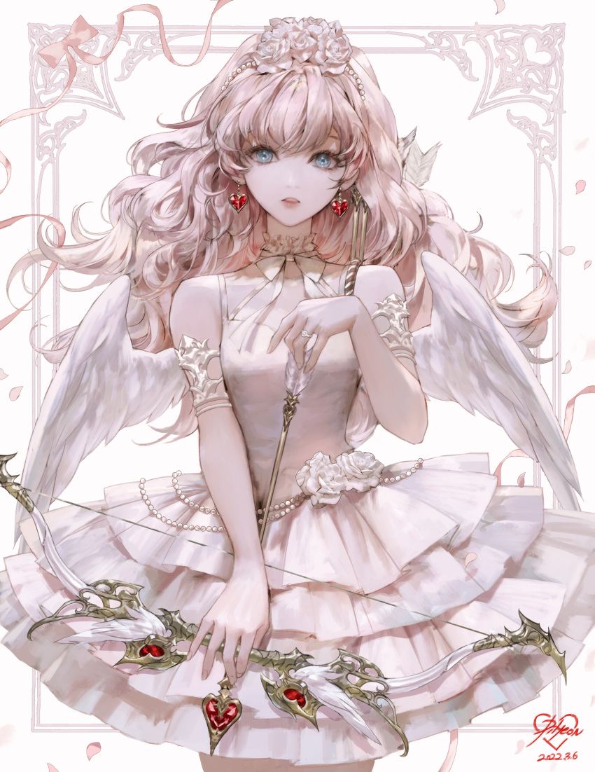 1girl absurdres angel_wings armlet arrow_(projectile) bangs bare_shoulders blue_eyes bow brown_hair cherry_blossoms collar commentary_request cowboy_shot crossed_bangs cupid dated detached_collar dress earrings eyebrows_behind_hair falling_petals feathered_wings flower frilled_collar frilled_dress frills hair_between_eyes highres holding holding_arrow jewelry korean_commentary layered_dress lips long_hair looking_at_viewer original parted_lips petals sleeveless sleeveless_dress solo spaghetti_strap standing tiara vlfdus_0 white_dress white_flower white_wings wings