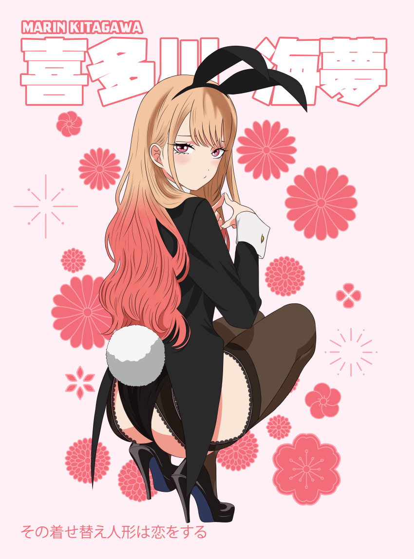 1girl absurdres animal_ears ass bangs black_footwear black_legwear black_leotard blonde_hair blush character_name closed_mouth copyright_name fake_animal_ears fake_tail flower_(symbol) from_behind full_body garter_straps gradient_hair hairband high_heels highres index_fingers_together kitagawa_marin leotard long_hair long_sleeves looking_at_viewer looking_back multicolored_hair pawowe pink_background pink_hair playboy_bunny pout rabbit_ears rabbit_tail red_eyes solo sono_bisque_doll_wa_koi_wo_suru squatting tail tailcoat thigh-highs two-tone_hair wrist_cuffs