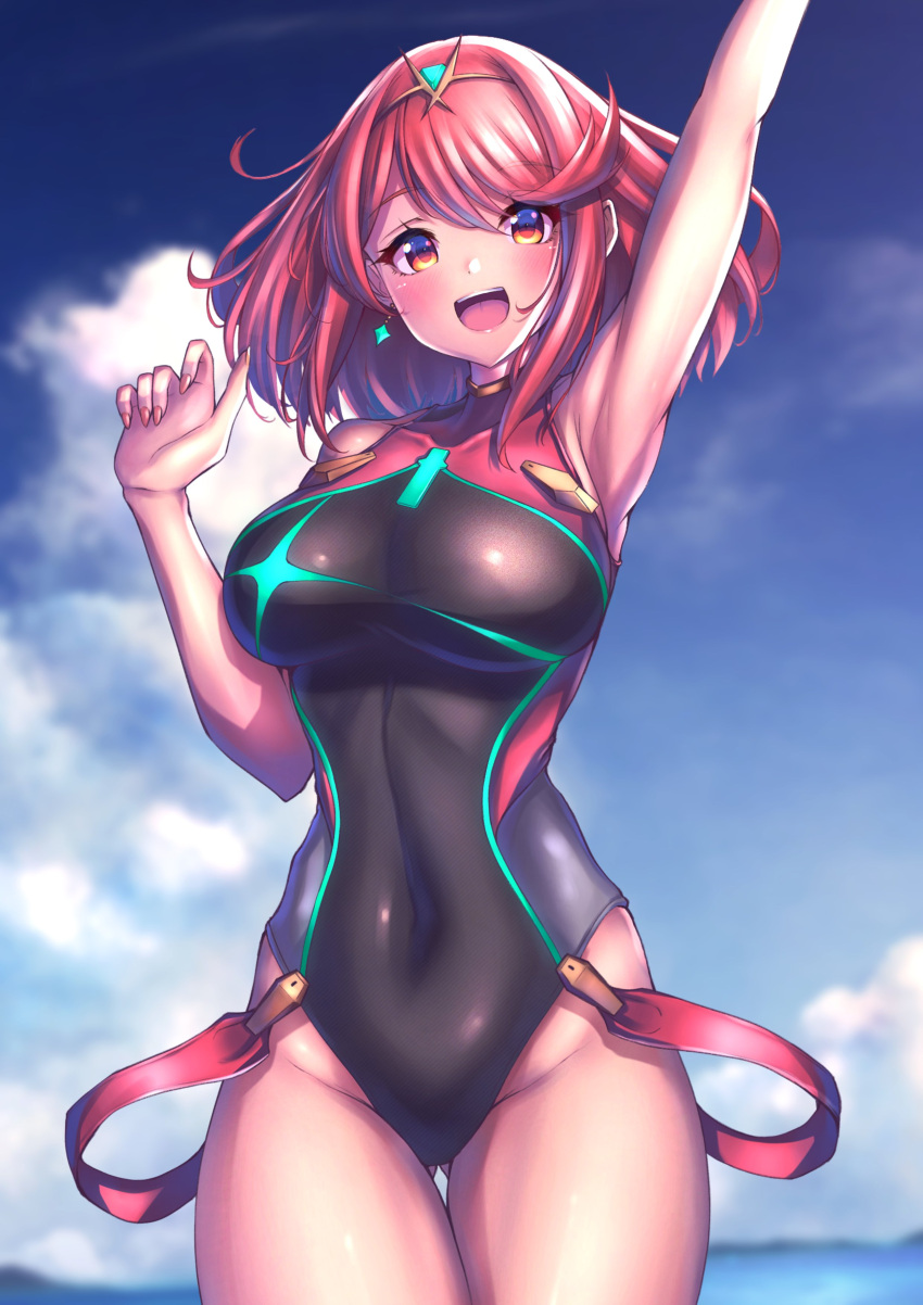 1girl absurdres bangs black_swimsuit breasts chest_jewel competition_swimsuit covered_collarbone covered_navel gem hakusai_(hksicabb) headpiece highres large_breasts one-piece_swimsuit pyra_(pro_swimmer)_(xenoblade) pyra_(xenoblade) red_eyes red_swimsuit redhead ribbed_swimsuit short_hair solo strapless strapless_swimsuit striped striped_swimsuit swept_bangs swimsuit tiara two-tone_swimsuit vertical-striped_swimsuit vertical_stripes xenoblade_chronicles_(series) xenoblade_chronicles_2