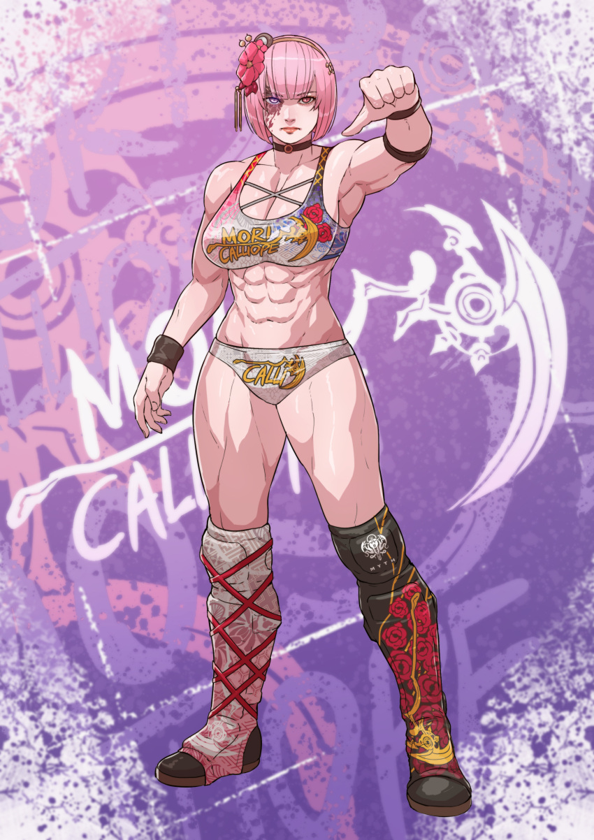 1girl abs absurdres asymmetrical_footwear bangs breasts character_name cirenk closed_mouth commission facepaint full_body hair_ornament heterochromia highres hololive hololive_english large_breasts lips looking_at_viewer mismatched_footwear mori_calliope muscular muscular_female navel pink_eyes pink_hair short_hair solo sports_bra sportswear virtual_youtuber white_eyes wrestling wrestling_outfit