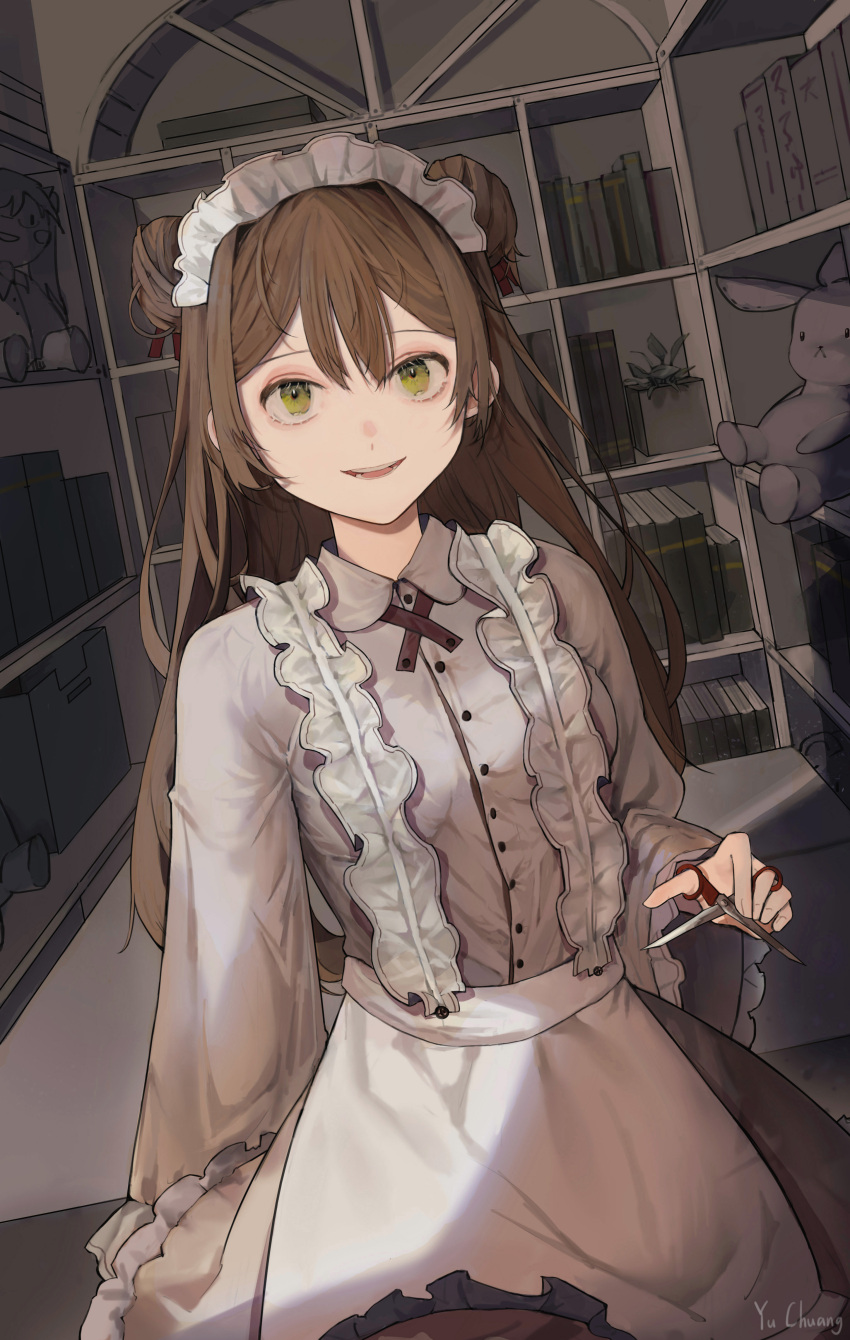 1girl absurdres apron artist_name bangs bookshelf brown_hair commentary_request cowboy_shot double_bun dutch_angle green_eyes grey_shirt hair_between_eyes highres holding holding_scissors indoors long_hair long_sleeves looking_at_viewer maid maid_apron maid_headdress muyu713 original parted_lips plant potted_plant scissors shirt smile solo stuffed_animal stuffed_bunny stuffed_toy waist_apron white_apron