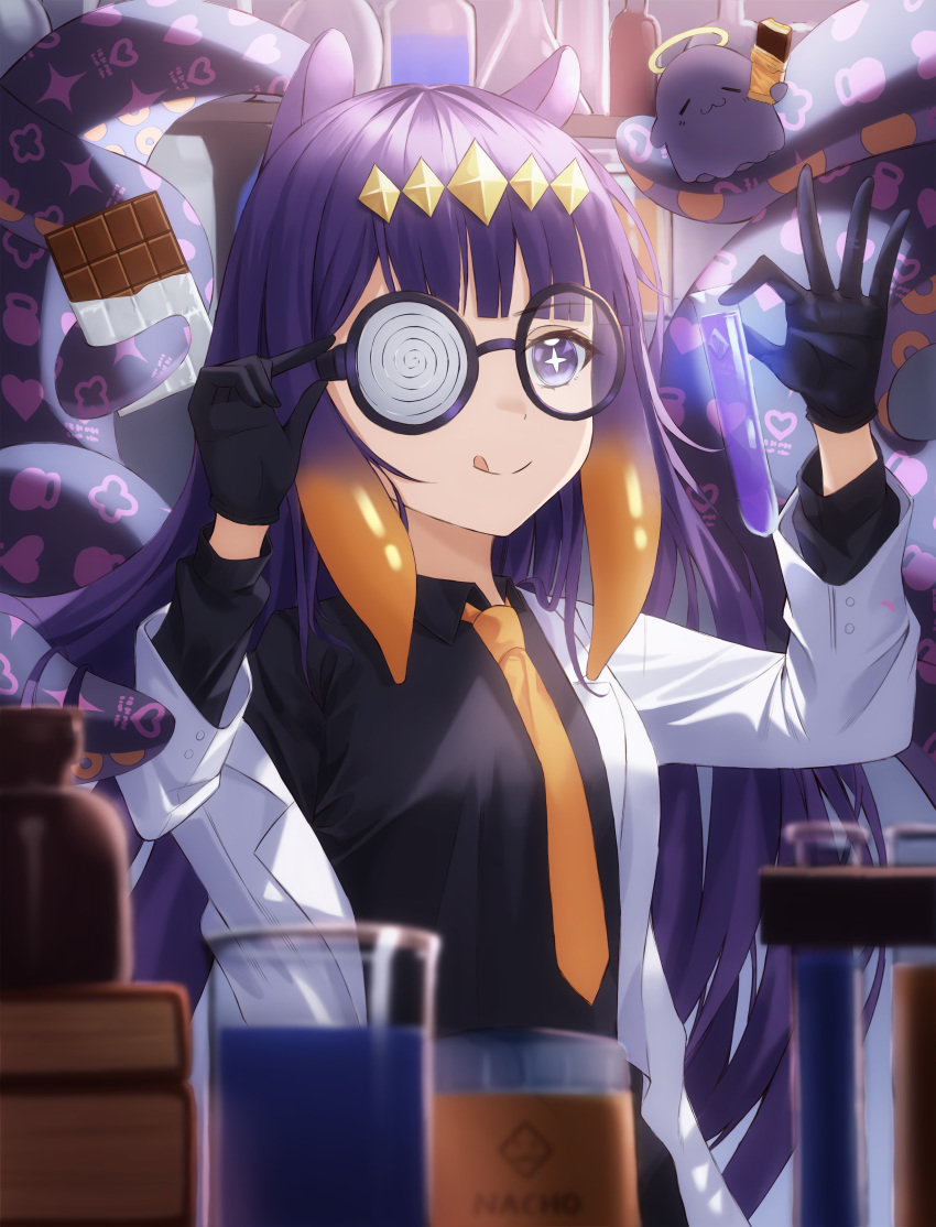 1girl :q absurdres closed_mouth dress eyebrows_visible_through_hair glasses gloves highres hololive hololive_english long_hair mad_rabbit necktie ninomae_ina'nis orange_necktie purple_dress tako_(ninomae_ina'nis) tentacle_hair tentacles tongue tongue_out virtual_youtuber