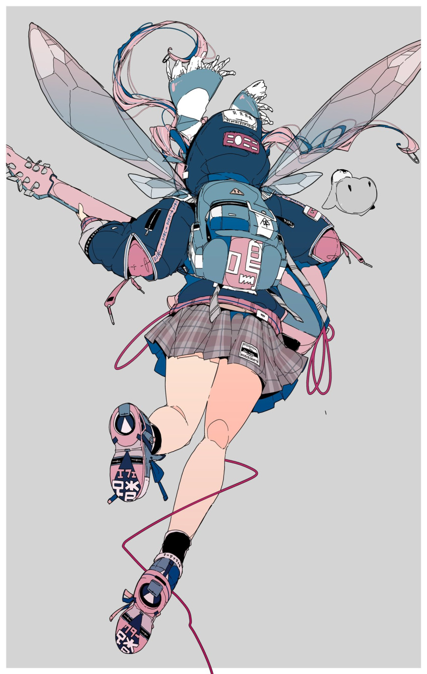 1girl backpack bag bird blue_jacket border checkered_clothes checkered_skirt commentary_request daisukerichard facing_away grey_background guitar highres holding holding_instrument hood insect_wings instrument jacket long_sleeves miniskirt penguin pink_hair shoes skirt socks solo white_border wings