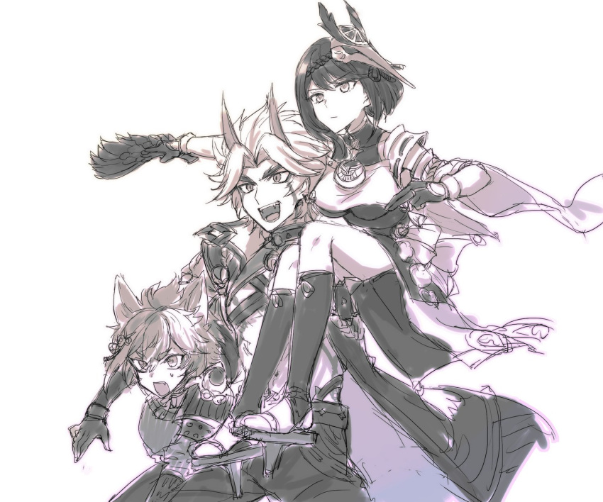 1girl 2boys animal_ears arataki_itto armor bangs bodypaint breasts carrying closed_mouth detached_sleeves dog_boy dog_ears facepaint fangs genshin_impact gloves gorou_(genshin_impact) greyscale hair_between_eyes hair_ornament hand_fan highres holding holding_fan horns japanese_armor japanese_clothes kujou_sara long_hair mask mask_on_head monochrome multiple_boys open_mouth sbs short_hair simple_background sketch sweat tassel wide_sleeves