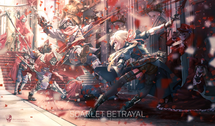 1girl 6+others absurdres armor armored_boots black_gloves blonde_hair blood blood_splatter boots cape closed_mouth dark_souls_(series) dark_souls_i dress fighting full_body gauntlets gloves guro highres holding holding_polearm holding_scythe holding_sword holding_weapon indoors knight long_sleeves lu_(pixiv20967832) mask multiple_others original pauldrons petals polearm ponytail red_cape red_dress red_headwear scythe shoulder_armor standing sword weapon yellow_eyes