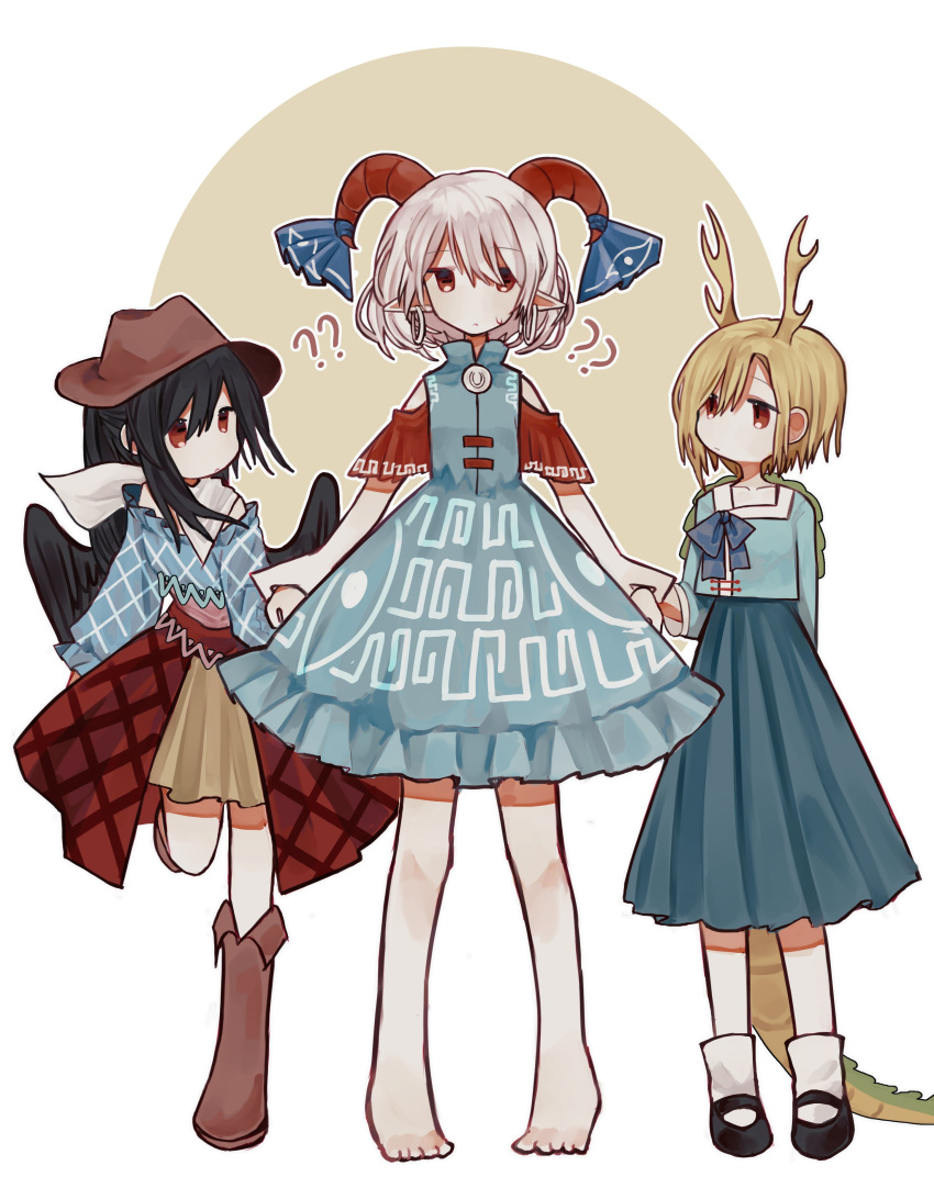 3girls :/ :| ? ?? absurdres alternate_height antlers barefoot black_footwear black_hair black_wings blonde_hair blue_bow blue_dress blue_ribbon blue_shirt blue_skirt boots bow brown_eyes brown_footwear chinese_commentary closed_mouth commentary cowboy_hat curled_horns dragon_tail dress earrings eyebrows_behind_hair eyebrows_visible_through_hair feathered_wings full_body hat height_difference highres holding_hands horn_ornament horn_ribbon horns jewelry kicchou_yachie kurokoma_saki layered_skirt looking_at_another looking_at_viewer mary_janes medium_hair multiple_girls off-shoulder_shirt off_shoulder orange_eyes pleated_skirt pointy_ears ponytail red_skirt ribbon scarf sheep_horns shirt shoes short_hair simple_background skirt socks standing standing_on_one_leg sweatdrop tail touhou toutetsu_yuuma turtle_shell white_hair white_legwear white_scarf wings yellow_skirt yuejinlin