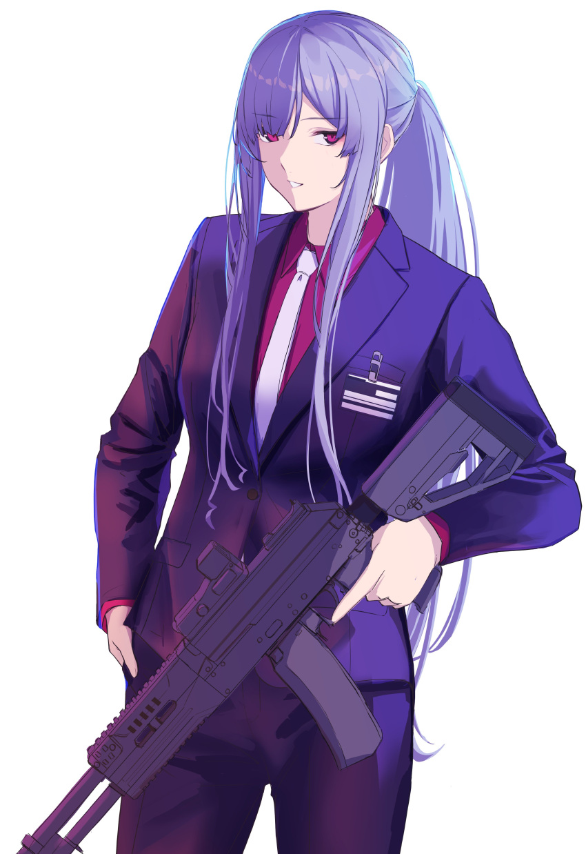 1girl 3_small_spiders absurdres ak-12 ak-12_(girls'_frontline) assault_rifle bangs commentary defy_(girls'_frontline) eyebrows_visible_through_hair feet_out_of_frame formal girls_frontline gun hand_on_hip highres holding holding_gun holding_weapon id_card jacket kalashnikov_rifle long_hair looking_at_viewer necktie official_alternate_costume official_style open_mouth pants ponytail purple_jacket purple_pants purple_suit red_shirt rifle shirt silver_hair smile solo standing suit teeth violet_eyes weapon white_background white_necktie