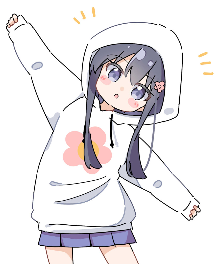 1girl :o bangs black_hair blue_skirt blush_stickers commentary_request drawstring eyebrows_visible_through_hair flower hair_between_eyes hair_flower hair_ornament highres hood hood_up hoodie kapuru_0410 long_sleeves looking_at_viewer notice_lines outstretched_arms parted_lips pinching_sleeves pink_flower pleated_skirt puffy_long_sleeves puffy_sleeves shirosaki_hana sidelocks simple_background skirt sleeves_past_wrists solo spread_arms violet_eyes watashi_ni_tenshi_ga_maiorita! white_background white_hoodie